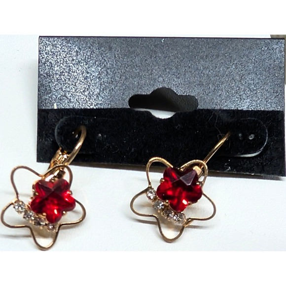 Jewelry - New Vintage‎ Red Clear Rhinestone Star Dangle Drop Earrings Gold Tone Leverback